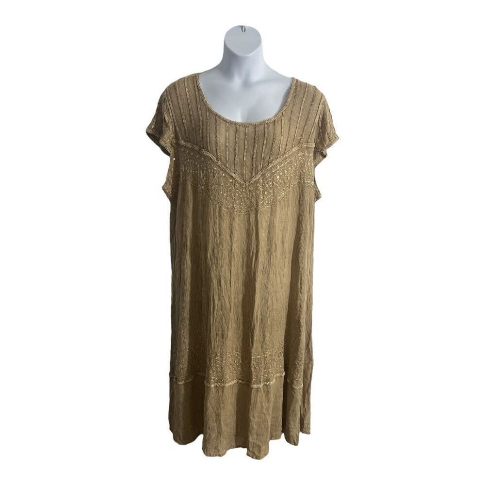 Anna Maxwell Brown Sequined Shift Long Dress Plus Size 3XWP Short Sleeve Boho